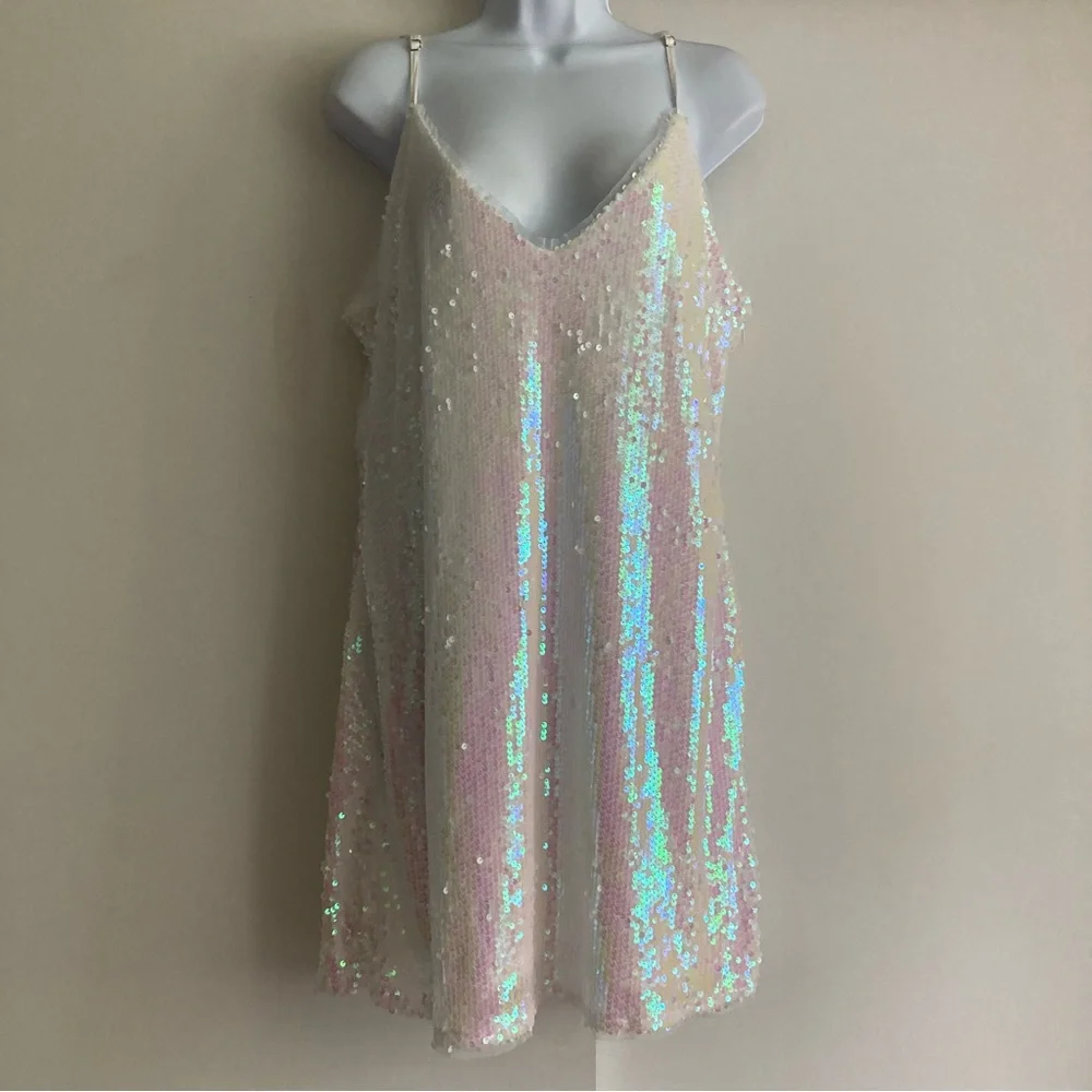 Lulu’s Mirrorball White Iridescent Sequin Mini Dress, Sz XL - Picture 2 of 16